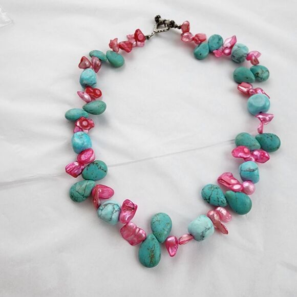 Hand Made Artisan Genuine Turquoise Blue Stone  Pink Baroque Pearls 18" NECKLACE - Picture 3 of 10